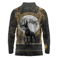 Anput Jackal Mask Long Sleeve Polo Shirt with Full Moon Egyptian Afterlife Symbolism