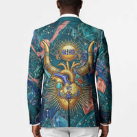 Hathor Golden Sacred Heart Egyptian Blazer with Gemstone Pattern in Turquoise Theme