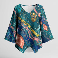 Hathor Golden Sacred Heart Egyptian Kimono Sleeve Blouse with Gemstone Pattern in Turquoise Theme