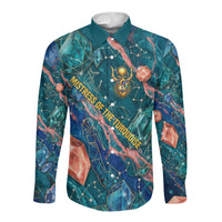 Hathor Golden Sacred Heart Egyptian Long Sleeve Button Shirt with Gemstone Pattern in Turquoise Theme