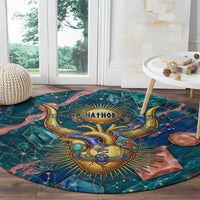 Hathor Golden Sacred Heart Egyptian Round Carpet with Gemstone Pattern in Turquoise Theme