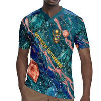 Hathor Golden Sacred Heart Egyptian Rugby Jersey with Gemstone Pattern in Turquoise Theme