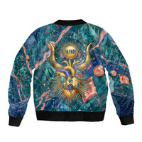 Hathor Golden Sacred Heart Egyptian Sleeve Zip Bomber Jacket with Gemstone Pattern in Turquoise Theme