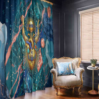 Hathor Golden Sacred Heart Egyptian Window Curtain with Gemstone Pattern in Turquoise Theme