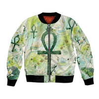 Heqet Nile Ankh Symbol Bomber Jacket Egyptian Lotus Motif in Watercolor Life Theme