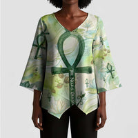 Heqet Nile Ankh Symbol Kimono Sleeve Blouse Egyptian Lotus Motif in Watercolor Life Theme