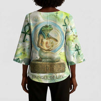 Heqet Nile Ankh Symbol Kimono Sleeve Blouse Egyptian Lotus Motif in Watercolor Life Theme