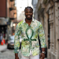 Heqet Nile Ankh Symbol Long Sleeve Button Shirt Egyptian Lotus Motif in Watercolor Life Theme