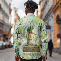 Heqet Nile Ankh Symbol Long Sleeve Button Shirt Egyptian Lotus Motif in Watercolor Life Theme