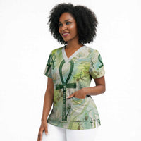 Heqet Nile Ankh Symbol Scrub Top Egyptian Lotus Motif in Watercolor Life Theme