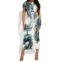 Anuket Egyptian Short Sleeve Bodycon Dress Goddess of the Nile Flowing Water Gazelle Spirit The Embracer