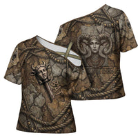 Bat Cross Shoulder Shirt Goddess of the Cosmos Ancient Egyptian Cow Horns Stone