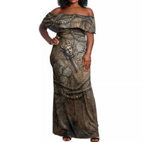 Bat Off Shoulder Maxi Dress Goddess of the Cosmos Ancient Egyptian Cow Horns Stone