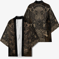 Viking Raven Wolf Vegvisir Kimono Nordic Runic Engraving Style