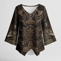 Viking Raven Wolf Vegvisir Kimono Sleeve Blouse Nordic Runic Engraving Style