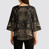 Viking Raven Wolf Vegvisir Kimono Sleeve Blouse Nordic Runic Engraving Style