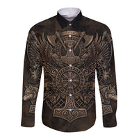 Viking Raven Wolf Vegvisir Long Sleeve Button Shirt Nordic Runic Engraving Style