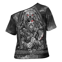 Viking Warrior Raven Axe Vegvisir Cross Shoulder Shirt Odin Warrior Nordic Runic Engraved Illustration Style