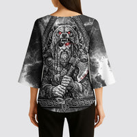 Viking Warrior Raven Axe Vegvisir Kimono Sleeve Blouse Odin Warrior Nordic Runic Engraved Illustration Style
