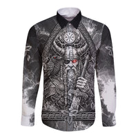 Viking Warrior Raven Axe Vegvisir Long Sleeve Button Shirt Odin Warrior Nordic Runic Engraved Illustration Style