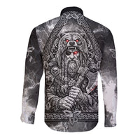 Viking Warrior Raven Axe Vegvisir Long Sleeve Button Shirt Odin Warrior Nordic Runic Engraved Illustration Style