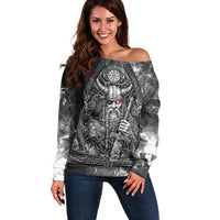 Viking Warrior Raven Axe Vegvisir Off Shoulder Sweater Odin Warrior Nordic Runic Engraved Illustration Style