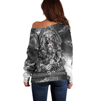 Viking Warrior Raven Axe Vegvisir Off Shoulder Sweater Odin Warrior Nordic Runic Engraved Illustration Style