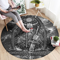 Viking Warrior Raven Axe Vegvisir Round Carpet Odin Warrior Nordic Runic Engraved Illustration Style