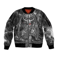 Viking Warrior Raven Axe Vegvisir Sleeve Zip Bomber Jacket Odin Warrior Nordic Runic Engraved Illustration Style