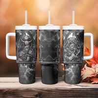Viking Warrior Raven Axe Vegvisir Tumbler With Handle Odin Warrior Nordic Runic Engraved Illustration Style