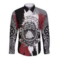 Viking Berserker Bear Valknut Vegvisir Long Sleeve Button Shirt Nordic Runic Warrior Engraving Style