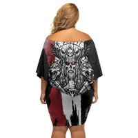 Viking Berserker Bear Valknut Vegvisir Off Shoulder Short Dress Nordic Runic Warrior Engraving Style