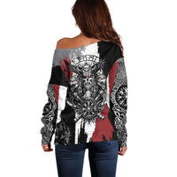 Viking Berserker Bear Valknut Vegvisir Off Shoulder Sweater Nordic Runic Warrior Engraving Style