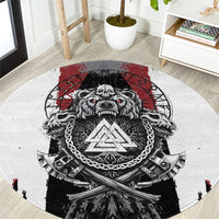 Viking Berserker Bear Valknut Vegvisir Round Carpet Nordic Runic Warrior Engraving Style