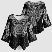 Viking Vegvisir Serpent Rune Cross Kimono Sleeve Blouse Nordic Knotwork Runic Engraving Style