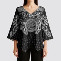 Viking Vegvisir Serpent Rune Cross Kimono Sleeve Blouse Nordic Knotwork Runic Engraving Style
