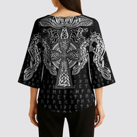 Viking Vegvisir Serpent Rune Cross Kimono Sleeve Blouse Nordic Knotwork Runic Engraving Style