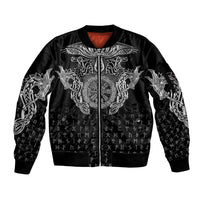Viking Vegvisir Serpent Rune Cross Sleeve Zip Bomber Jacket Nordic Knotwork Runic Engraving Style