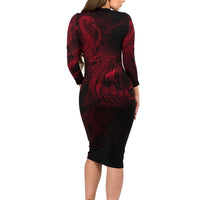 Viking Dragon Longship Helm of Awe Long Sleeve Bodycon Dress Nordic Mythology Tribal Engraving Style