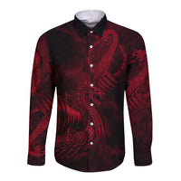 Viking Dragon Longship Helm of Awe Long Sleeve Button Shirt Nordic Mythology Tribal Engraving Style