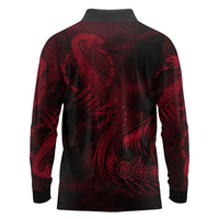 Viking Dragon Longship Helm of Awe Long Sleeve Polo Shirt Nordic Mythology Tribal Engraving Style