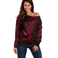Viking Dragon Longship Helm of Awe Off Shoulder Sweater Nordic Mythology Tribal Engraving Style