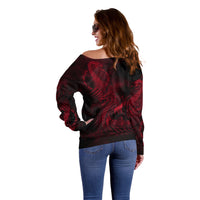 Viking Dragon Longship Helm of Awe Off Shoulder Sweater Nordic Mythology Tribal Engraving Style