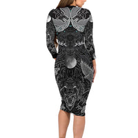 Viking Odin Ravens Wolves Vegvisir Long Sleeve Bodycon Dress Nordic Knotwork Mythology Engraving Style