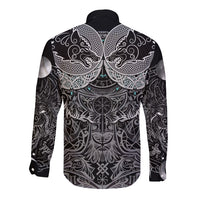 Viking Odin Ravens Wolves Vegvisir Long Sleeve Button Shirt Nordic Knotwork Mythology Engraving Style