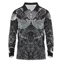 Viking Odin Ravens Wolves Vegvisir Long Sleeve Polo Shirt Nordic Knotwork Mythology Engraving Style