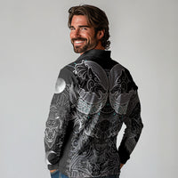 Viking Odin Ravens Wolves Vegvisir Long Sleeve Polo Shirt Nordic Knotwork Mythology Engraving Style