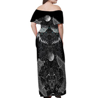 Viking Odin Ravens Wolves Vegvisir Off Shoulder Maxi Dress Nordic Knotwork Mythology Engraving Style