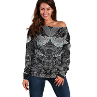 Viking Odin Ravens Wolves Vegvisir Off Shoulder Sweater Nordic Knotwork Mythology Engraving Style