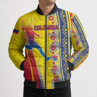 Personalized Colombia Soccer Bomber Puffer Jacket Floral Folk Pattern - Retro Football Player Art